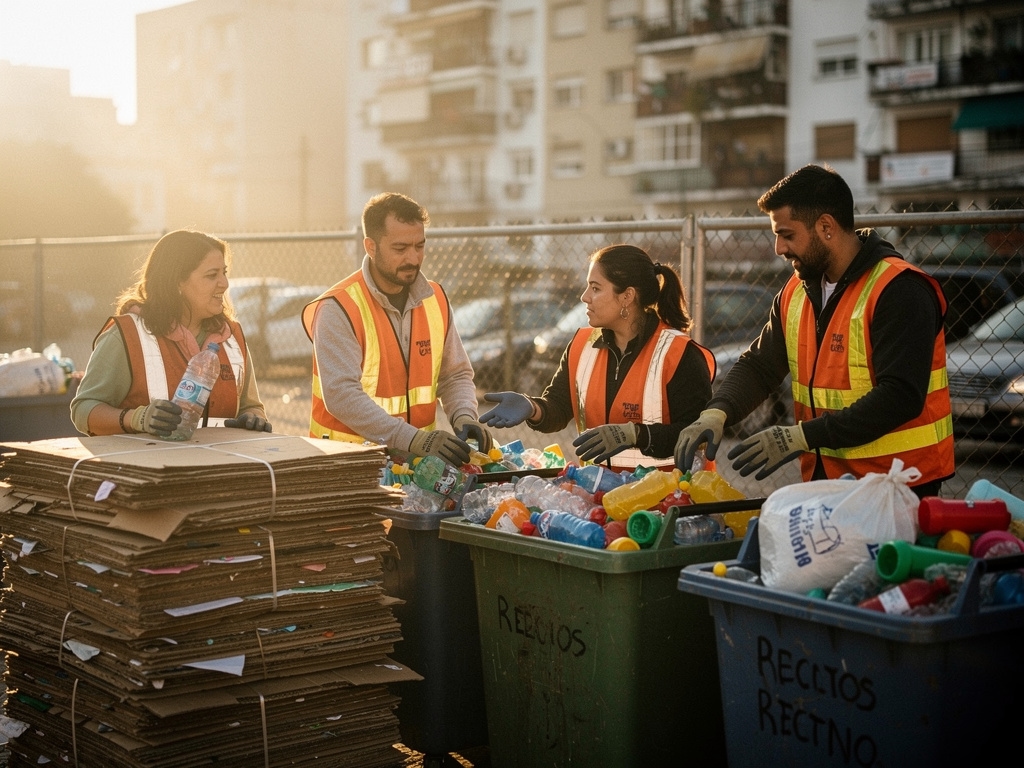 Miembros de una cooperativa de recicladores urbanos clasificando materiales en el AMBA