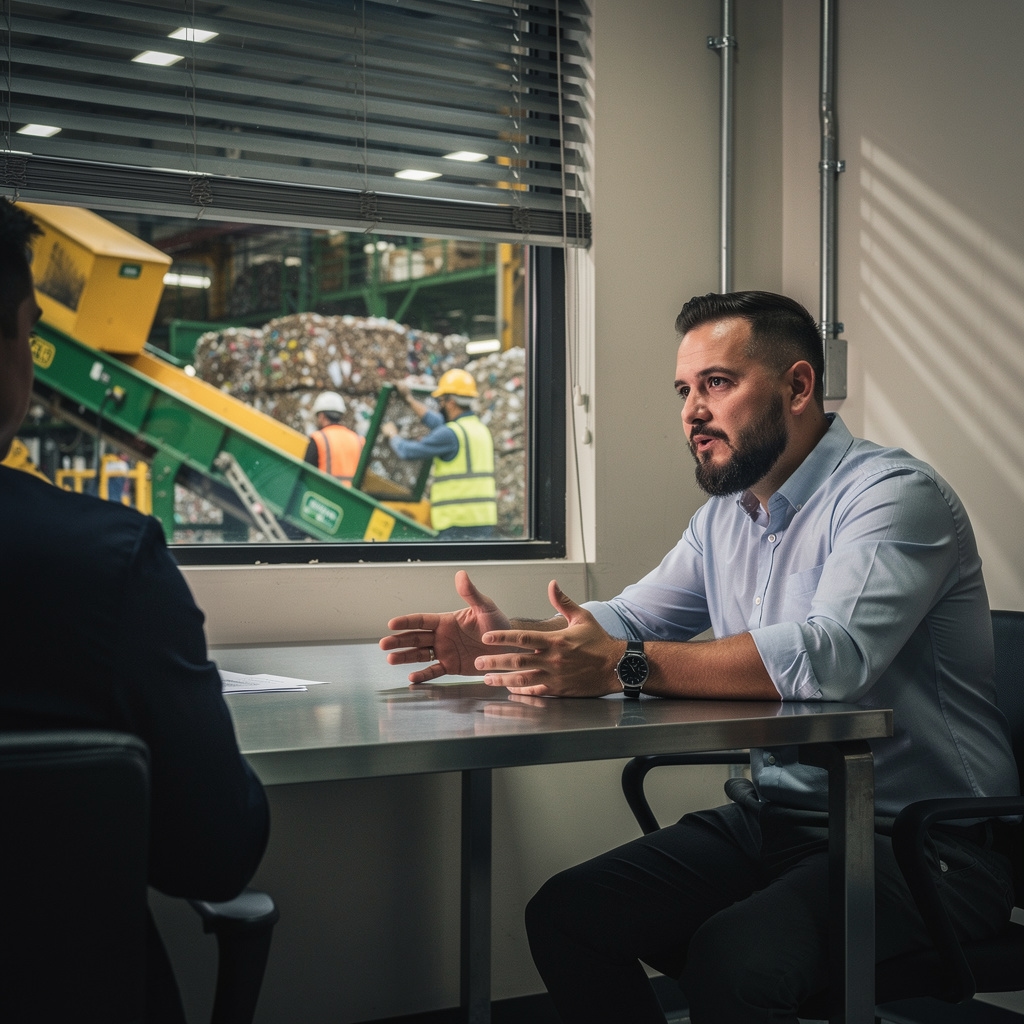 Emprendedor de reciclaje siendo entrevistado en su planta de procesamiento