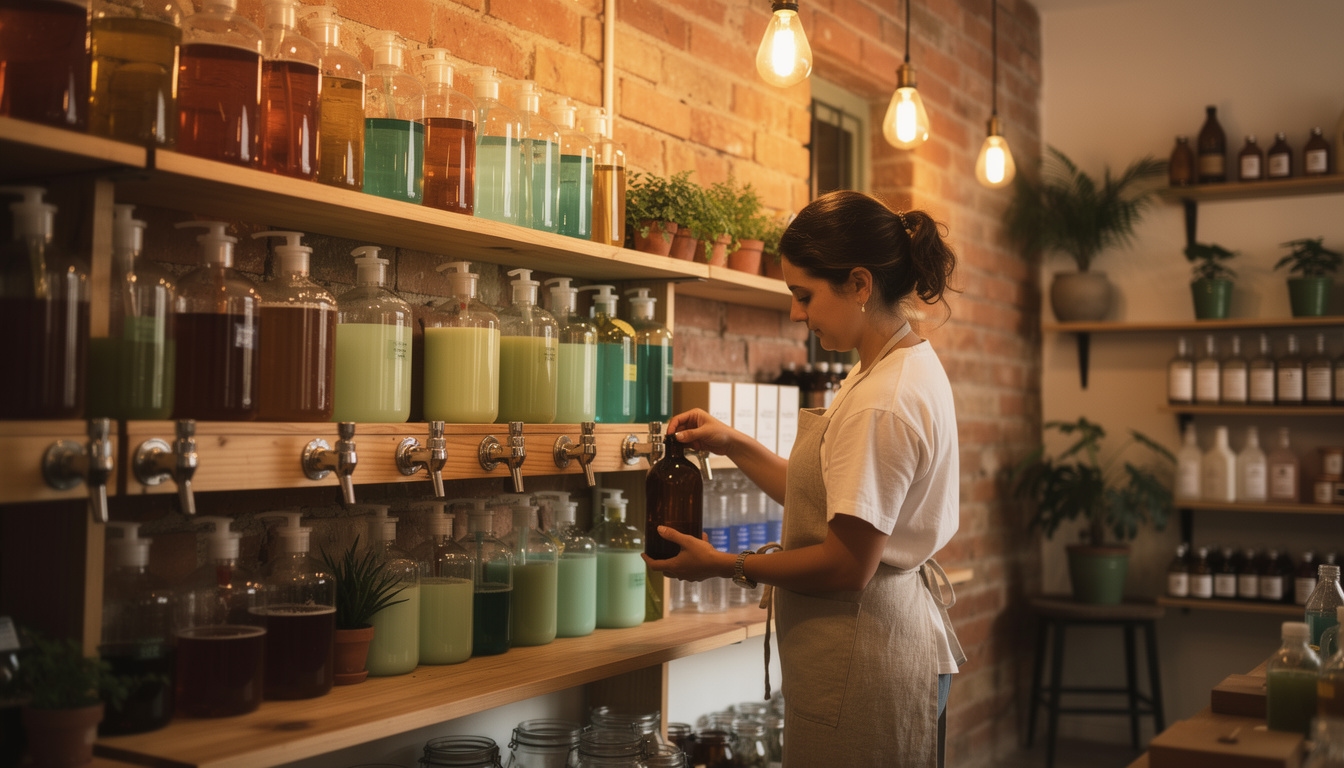 Interior de un local de recarga de productos de limpieza en Palermo, Buenos Aires