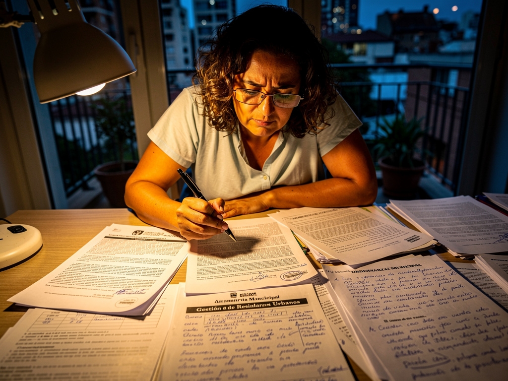 Periodista de Vanace revisando documentos sobre normativa de residuos en Argentina