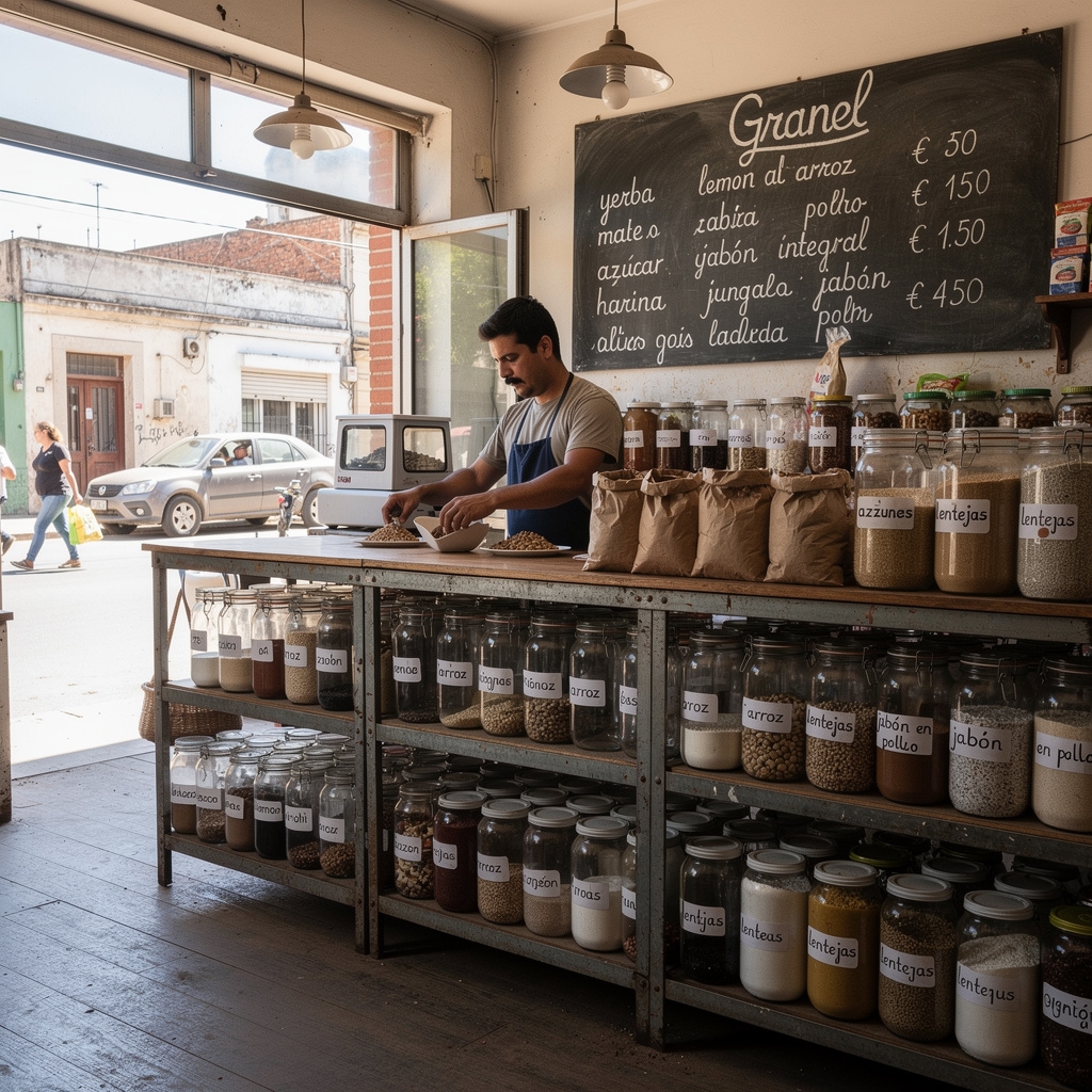 Local de recarga de productos en una ciudad del interior de Argentina con estantes llenos de envases reutilizables